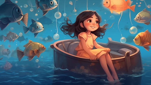 A girl in a boat with fish on the bottom