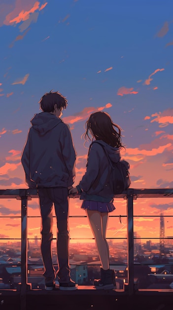 A girl and a boy are looking at the sunset