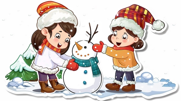 a girl and a boy are playing with a snowman