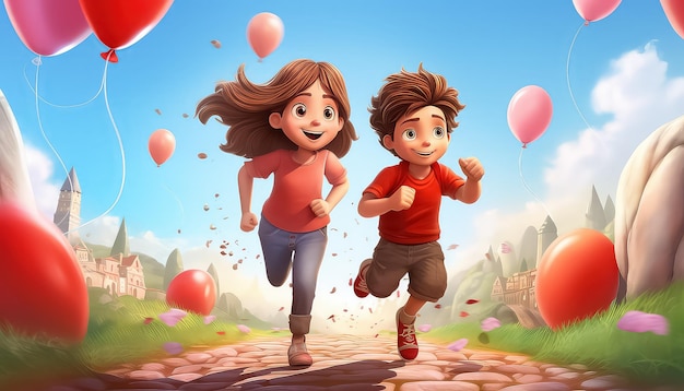 girl and boy are running on a stone pathway near balloons