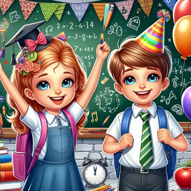 Photo a girl and a boy are standing in front of a blackboard with a clock and the words  happy  on it