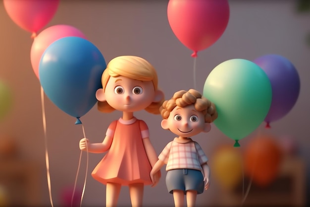 A girl and boy holding balloons with one of them holding the hands.