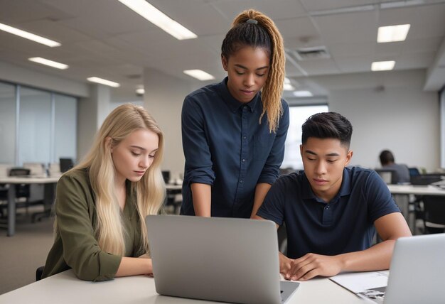 Photo a girl and boy looking at a laptop with the word quot on it