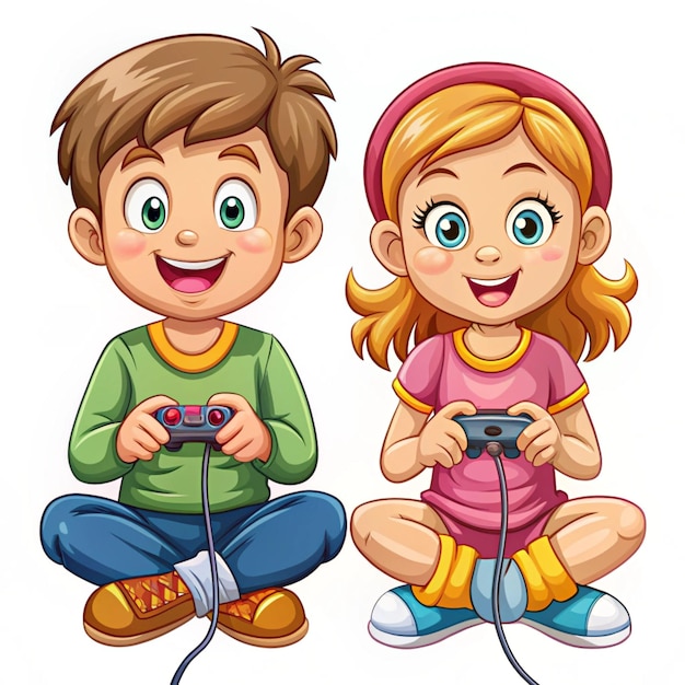 Photo girl and boy playing games characters