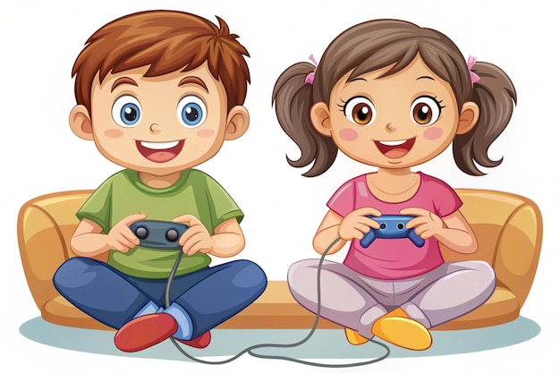 Photo girl and boy playing games characters