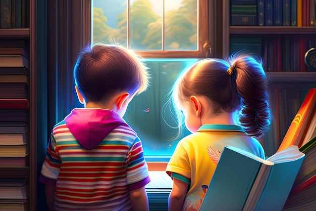 Girl and boy reading a book digital illustration ai generative