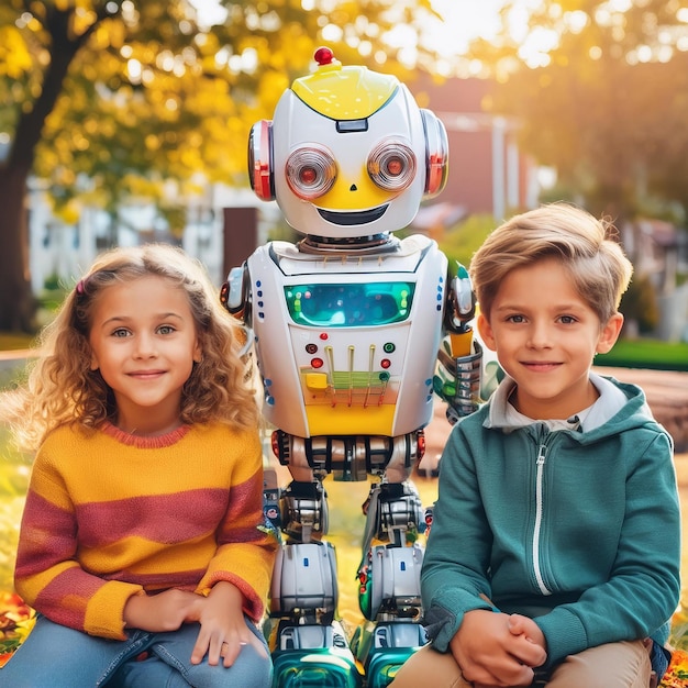 Photo a girl and boy sit in front of a robot