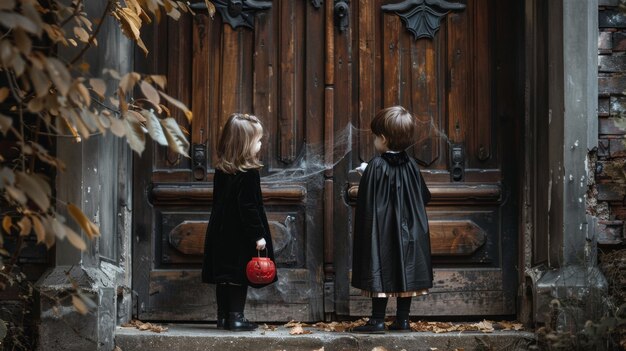 Photo a girl and boy stand in front of a door with a red bag