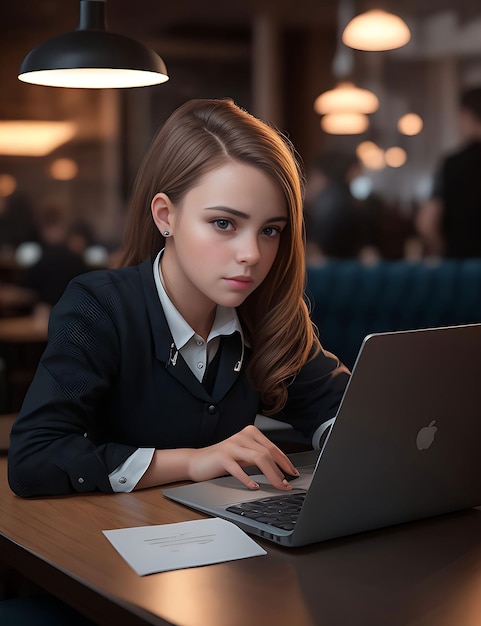 The girl and boy uses a smartphoneLaptop in his hands at the table in the restaurant AI