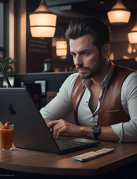 The girl and boy uses a smartphoneLaptop in his hands at the table in the restaurant AI