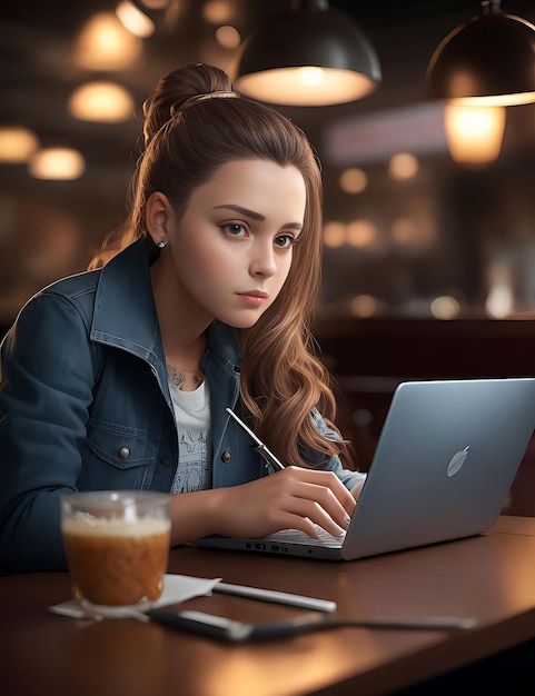 The girl and boy uses a smartphoneLaptop in his hands at the table in the restaurant AI