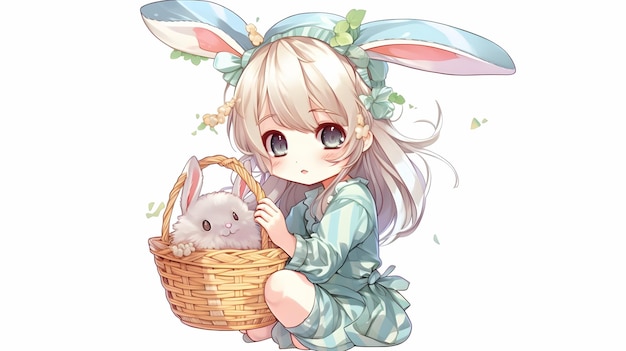 Girl in bunny ears holding a basket of bunny