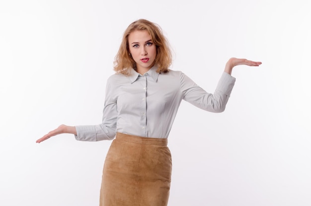 Girl in a business suit on a white background