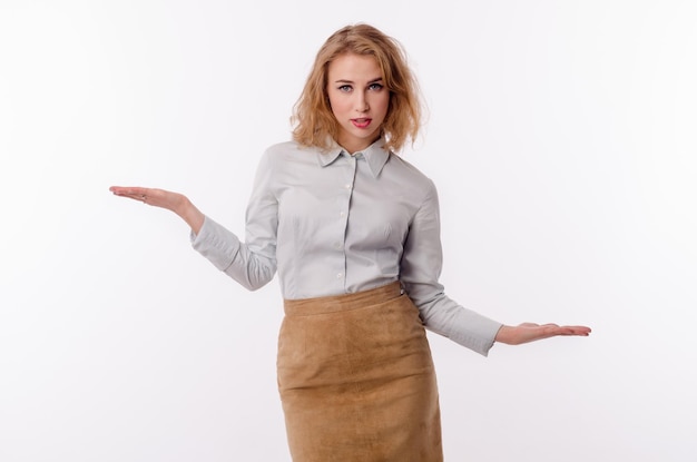 Girl in a business suit on a white background