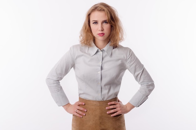 Girl in a business suit on a white background