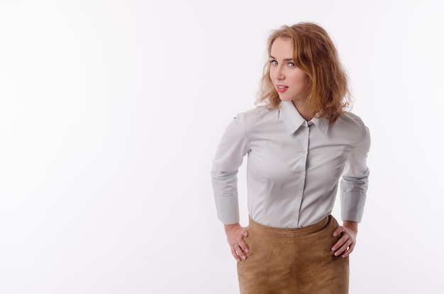 Girl in a business suit on a white background