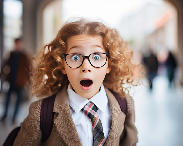 A girl in a business suit with a surprised look on her face