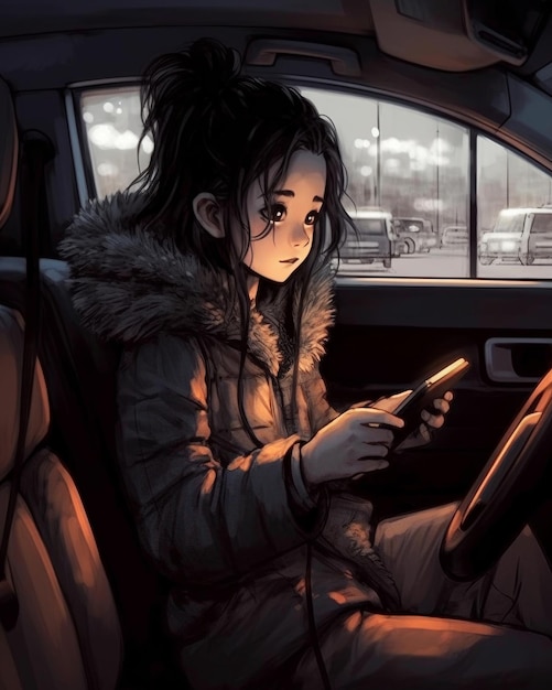 A girl in a car looking at her phone