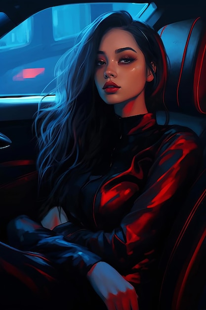 A girl in a car with a red background