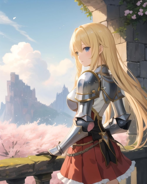 A girl in a castle with a castle in the background