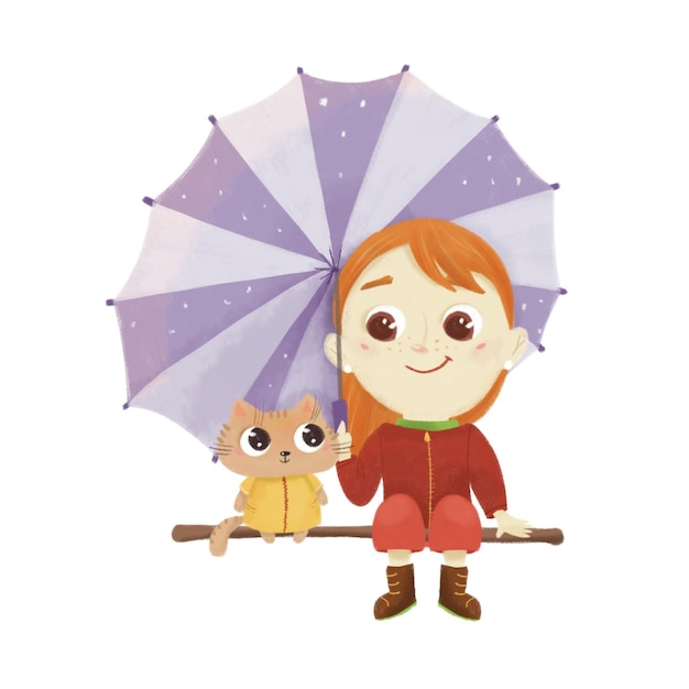 Girl and cat under an umbrella in autumn