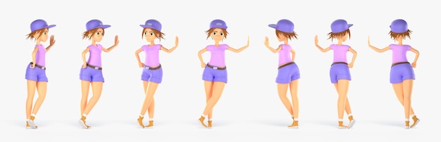 Girl character in different angles view 3d render Rotation animation set of cartoon woman personage standing leaning hand on wall with short hair wearing colorful summer clothing