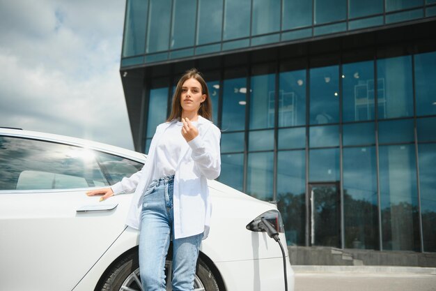 Girl charging electro car at the electric gas station