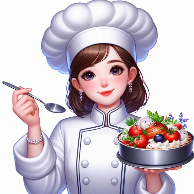 a girl in a chefs hat holds a tray of food with a spoon and a bowl of fruit