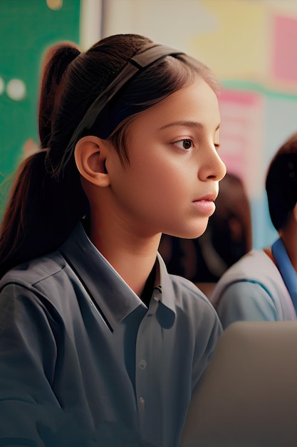 A girl in a classroom looking at a laptop