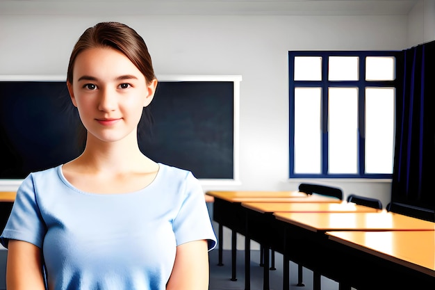 A girl in a classroom with a chalkboard behind her