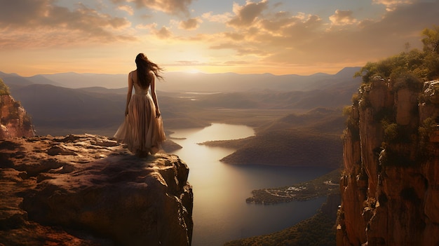 girl on a cliff with a huge lake in the background