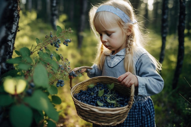 Girl collects blueberries in a basket in the forest Illustration AI Generative