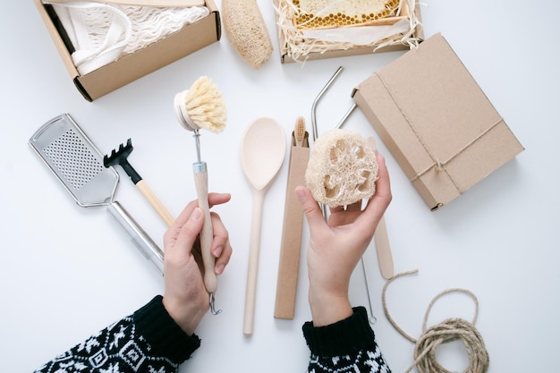 girl collects gifts in the style of zero waste top view