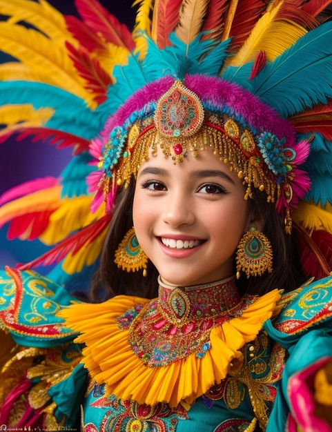 a girl in a colorful costume with feathers and a colorful feathered headdress