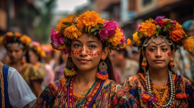 A girl in a colorful dress with flowers painted on her face is walking in a parade.