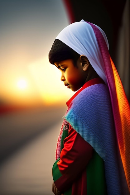 A girl in a colorful sari looks at the sunset.