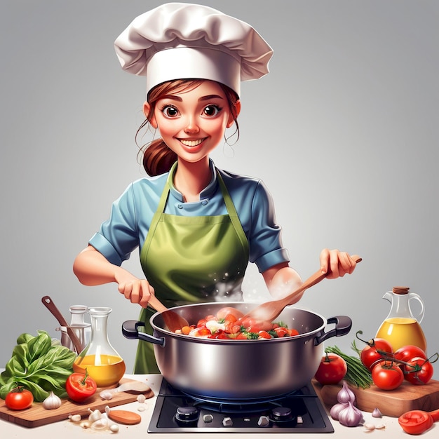 a girl cooking food in a pan with a chef in the background