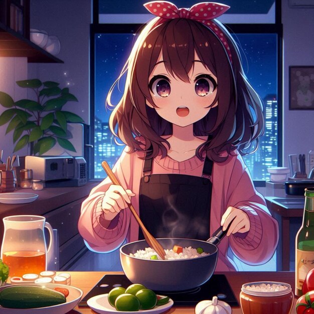 a girl cooking in a kitchen with a pot of food