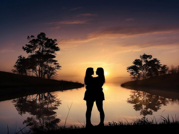 a girl couple embrace in front of a lake with the sun setting behind them