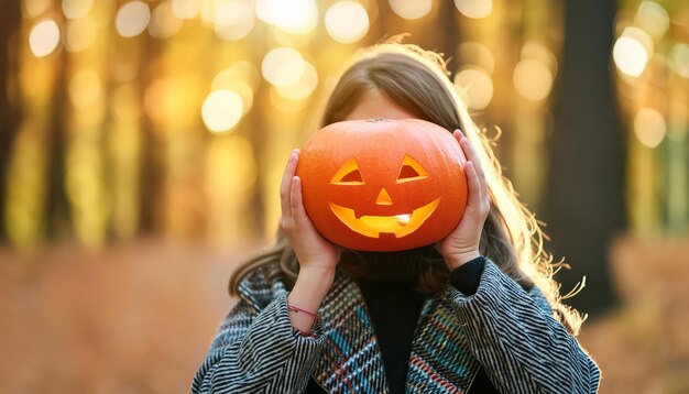 Photo girl covers face with halloween pumpkin in fall forest