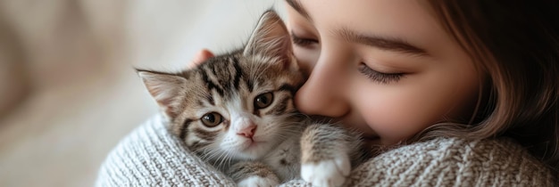 Photo a girl cuddles a kitten showcasing warmth and affection in a cozy setting