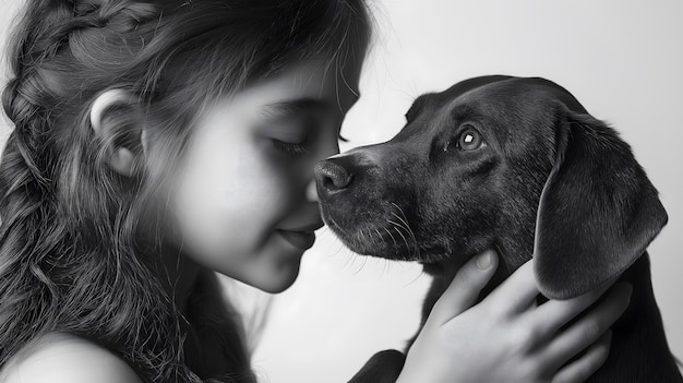 Photo girl cuddling with her beloved dog