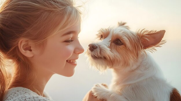 Photo girl cuddling with her beloved dog