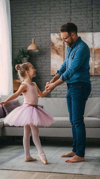 Girl dad and happy in home with dancing on feet for support teaching or learning new ballet move