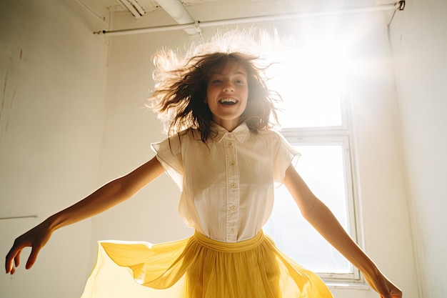 Girl dancing in front of a white wall wearing a yellow skirt and white blouse Beautiful girl solo dance in white light in room