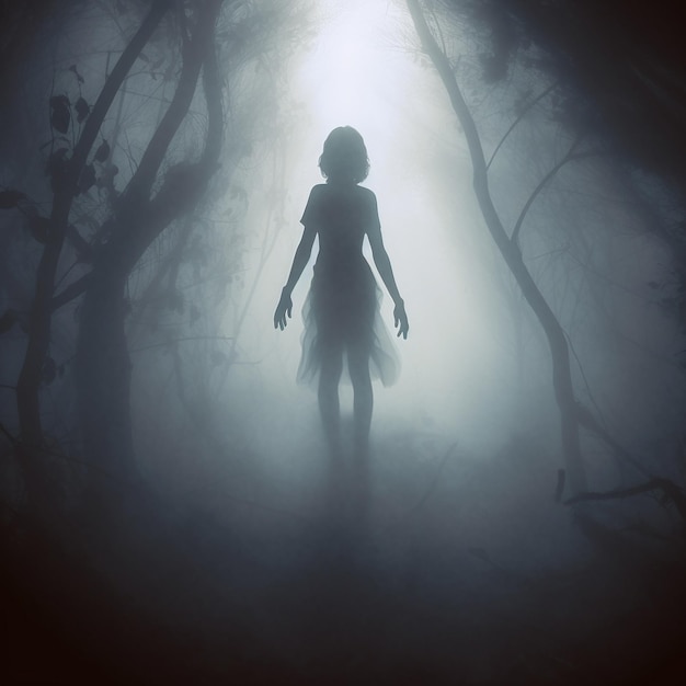 a girl in a dark forest with a light shining through her back