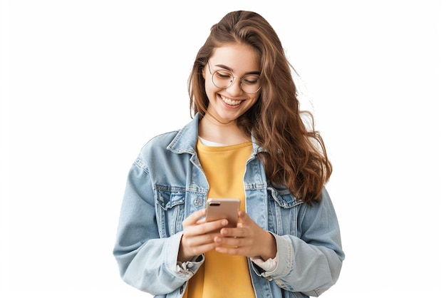 a girl in a denim jacket is texting on a phone and smiling