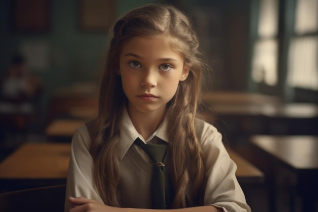 Girl at desk in classroom Education in elementary school Generative AI