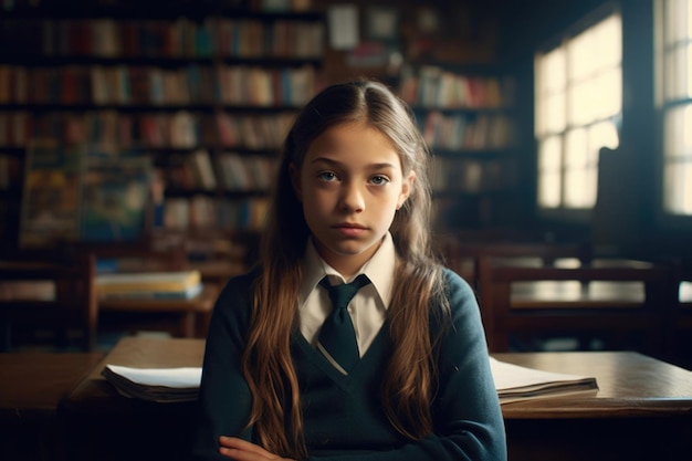 Girl at desk in classroom Education in elementary school Generative AI