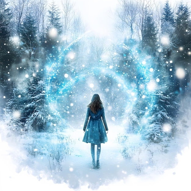 Photo girl discovering captivating scene of magical winter forest and enchanting light isolated on white